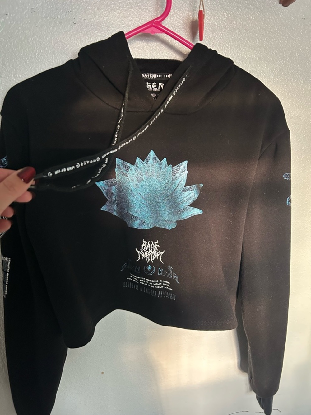 MIND OF ZEN by Rage Nation crop top hoodie with Iridescent Blue Lotus Graphic